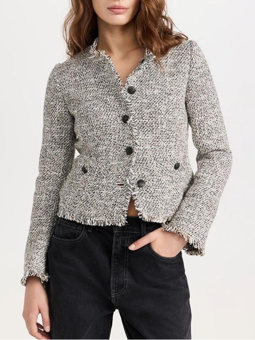 Rag & Bone Carmen Wool Blend Tan Black Cream Buttoned Tweed Blazer Jacket